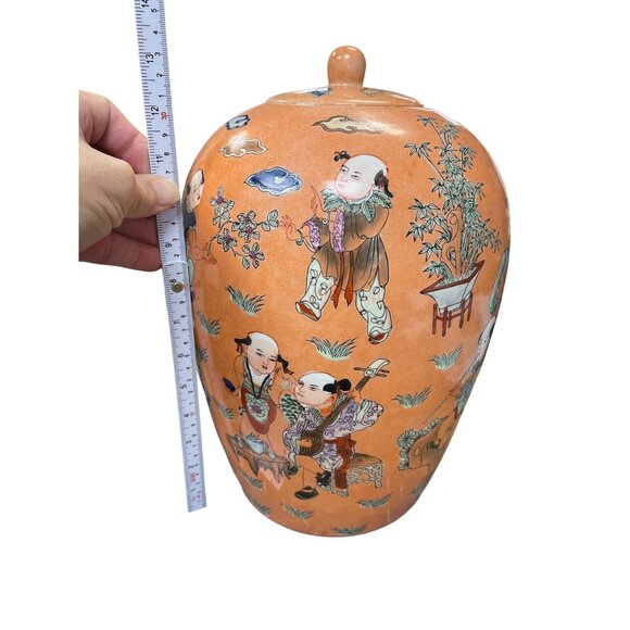 Vintage Chinese Large Peach Porcelin lidded boys play Macau Chinoserie SKU 9736 - Picture 11 of 13